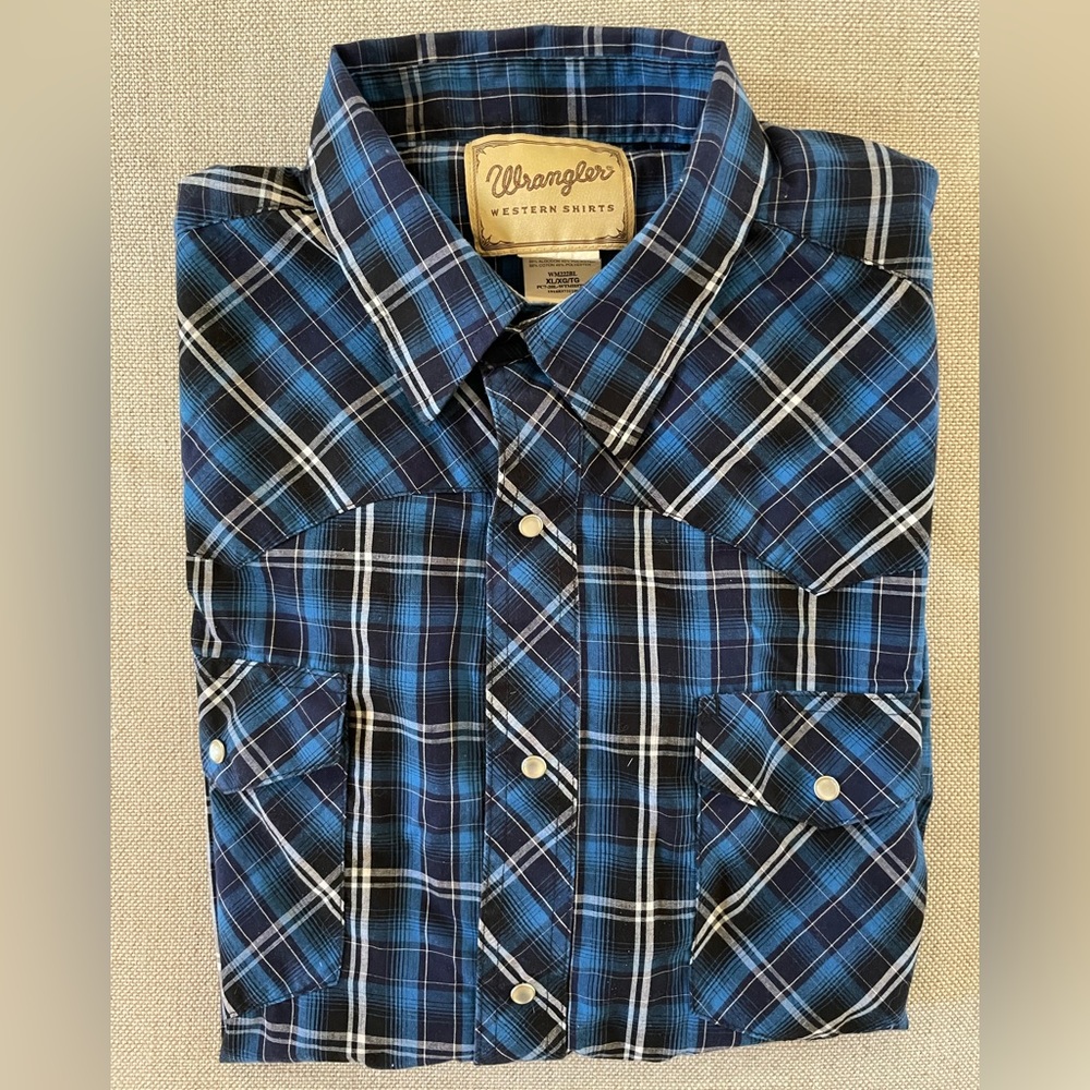 Wrangler Vintage Short Sleeve Check Print Pearl Snap Chores Shirt in Blue XL